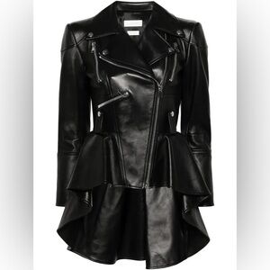 Alexander McQueen Leather Biker Jacket Women Peplum Black Size 50